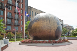 Picture of a golden globe memorial in Savannah, GA.